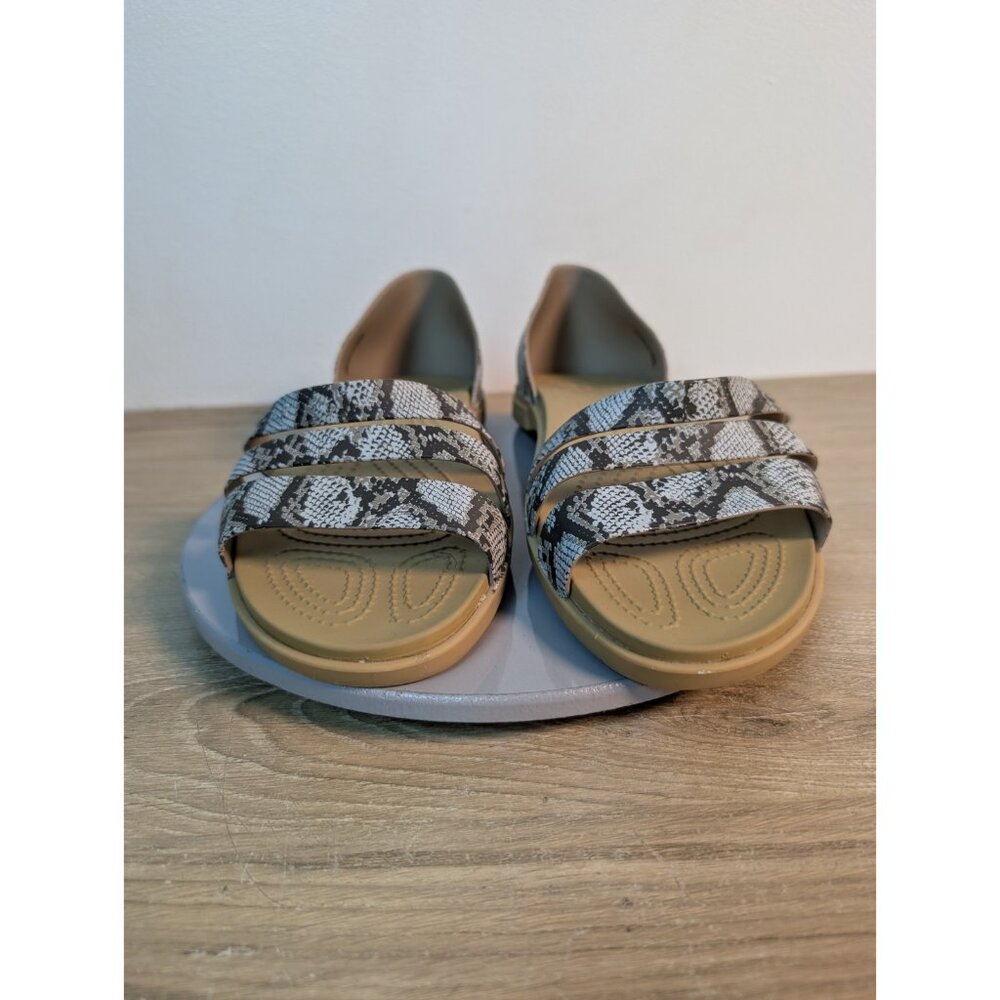 Crocs Sandals Womens 11 Gray Tan Snake Tulum Open Toe Flat 3-Strap Flat Iconic - Picture 2 of 8